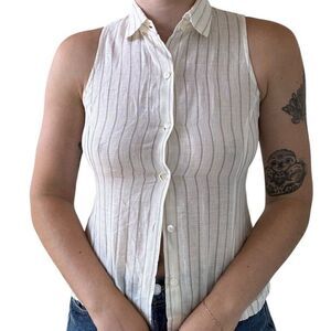 Guy Rover Womens White Striped 100% Linen Flax Sleeveless Tank Blouse Sz S